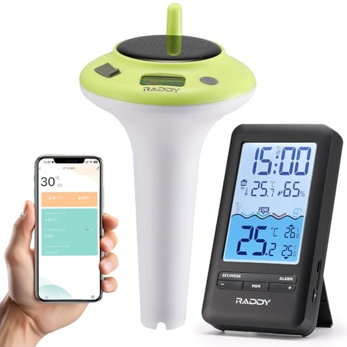 Raddy PT-5 WiFi Poolthermometer, Kabelloser Schwimmender Sensor mit Innenanzeige, App-Fernüberwachung, IPX8 Wasserdicht, Solar- und USB-C-Aufladung, für Pool, Whirlpool, Spa