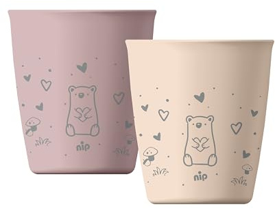 nip 2er Set Trinkbecher ab 12 Monaten bruchfest stapelbar, rosa | leichte Trinklernbecher mit Tiermotiv spülmaschinengeeignet mikrowellengeeignet Kindergeschirr für Camping unterwegs & Alltag