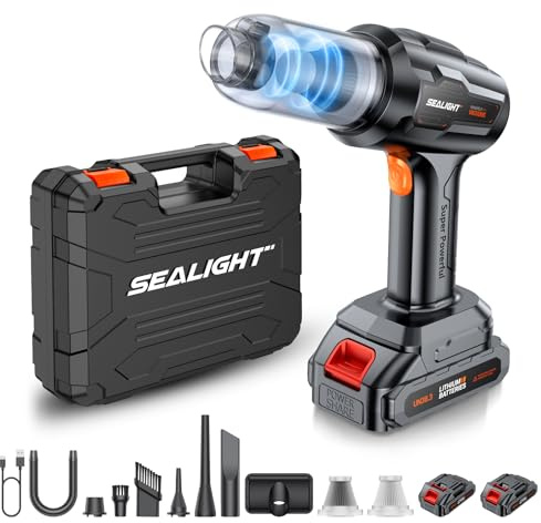 SEALIGHT Handstaubsauger Akku Kabellos, 35000Pa Auto Staubsauger Stark mit 60 Min Laufzeit, 2 Wiederaufladbare Batterien, Bürstenlosem Motor, Mini Staubsauger per Auto, Tierhaare, Sofa Reinigung