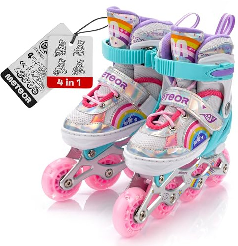 meteor 4 in 1 Inline Skates Kinder Rollschuhe Inliner Schlittschuhe Mädchen | Verstellbar in 4 Größen, Fußlänge 15-26 cm: XS 25-28, S 30-33, M 34-37, L 38-41, Eislaufschuhe für Jungen, ABEC-7, PU-Räder