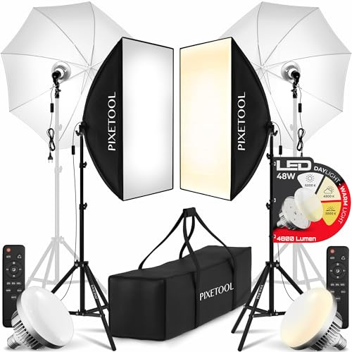 PIXETOOL Fotostudio Set – 2 Softbox 70 x 50 cm, 2 Durchlichtschirm, 2 LED Lampen 4800 Lumen 3000-6000K Licht – Softboxen - Fotolicht Videolicht Fotolampe – Light Streaming Video Fotografie Studiolicht