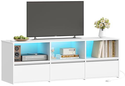Hzuaneri TV-Schrank mit RGB LED Beleuchtung (25 Farben), TV Cabinet für Fernseher bis zu 65 Zoll 143,5 lang, TV Board mit 3 Schubladen, 3 offenen Fächern für Wohnzimmer, Schlafzimmer, Weiß TV16503WEU