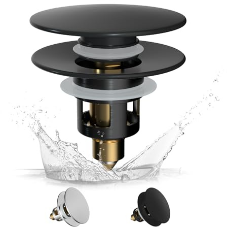 Hibbent Universaler Waschbeckenstöpsel Schwarz (1,1''-1.81''/30-46mm), Stöpsel Waschbecken, Edeles Messing-Federkern-Druckventil, Waschbeckenstöpsel Pop Up, für Badezimmerwaschbecken, Schwarz