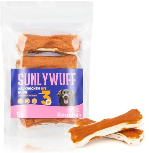 SunlyWuff Hundeknochen für kleine Hunde, 5 Stück 10 cm | Kauknochen mit 33% Hähnchenbrust & 62% Rinderhaut, Kausnacks zur Zahnpflege, Glutenfrei & Fettarm