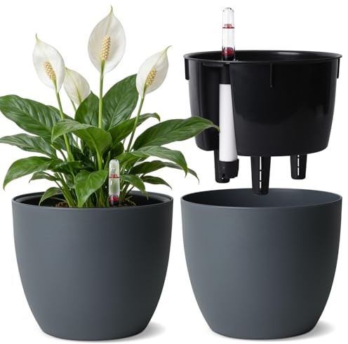 T4U 2Pcs 15cm Selbstbewässerungstopf mit Wasseranzeiger, Praktischer Blumentopf für vielbeschäftigte Anfänger und Gärtner, Plant Pot geeignet für Efeu/Einblatt, für den Innen und Außenbereich (Grau)