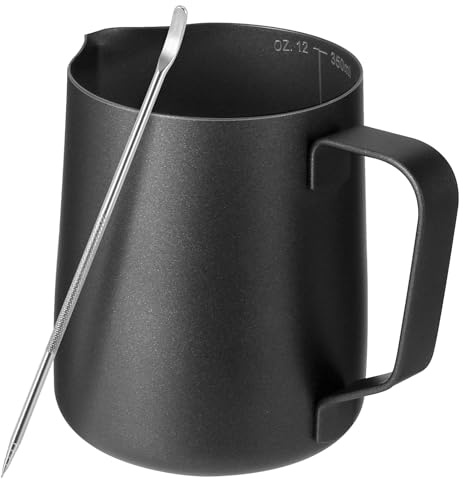 Milchkännchen mit Latte-Dekorierstift, schwarze Teflon-Beschichtung, 350 ml, 304 Edelstahl, Milchaufschäumer, Krug, Metall-Barista-Zubehör für Kaffeemaschine
