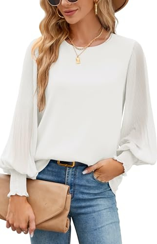 Odosalii Bluse Damen Elegant Langarm Lässige Glitzer Chiffon Musslin Blusenhemd, Damen Herbst Weiss Blusen Festliches Party Outfit