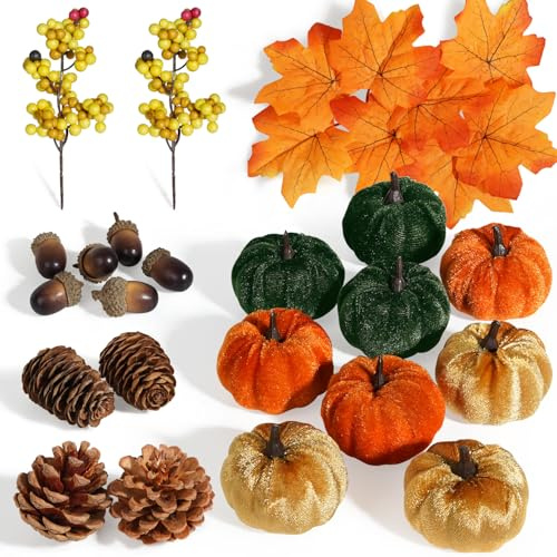Miaikoe Stoff Kürbisse Set Dekor, 25 PCS Herbst künstliche Ahornblätter, Ernte Kürbisse, Eichel, Kiefer Kegel und Orange Beeren Stängel Dekorationen für Herbst Thanksgiving Tisch Home