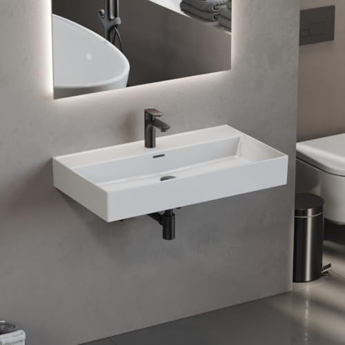 Aqua Bagno Keramik Waschbecken 80 cm breit - eckiges Hängewaschbecken | auch als Aufsatzwaschbecken, mit Hahnloch, 8 mm dünner Rand, Wandmontage oder Badmöbel, Weiß