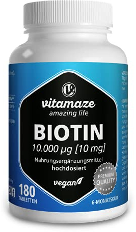 Biotin 10000 mcg hochdosiert vegan, 10 mg reines Biotin (Vitamin B7), für Haarwuchs & Haut, 180 Tabletten für 6 Monate, Natürliche Nahrungsergänzung ohne Zusatzstoffe, Made in Germany