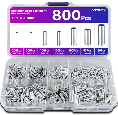 ANVINKU 800 Stück Aderendhülsen Set, 7 Arten Unisoliert Aderendhülsen Sortiment, 10-22 AWG Unisolierte Aderendhülsens Set für DIY elektrische Projekt (0,5/0,75/1/1,5/2,5/4,0/6,0mm²)
