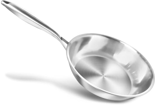 HOUSLUX Beschichtungslose Edelstahl Bratpfanne, Hausgebrauch Mit Metallgriff, Für Induktionskochfelder & Gasherde Geeignet, Gesunde Küche (23.5CM)