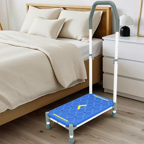 LITTNEO Tritthocker 55cm Trittfläche–Armlehnen höhenverstellbar, bis 225 kg | Nachtleuchtstreifen, rutschfest–Für hohe Betten Wohnmobile,Küche,Bad & Senioren