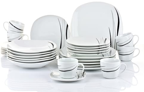 Cosmos Kombiservice 30teilig, feines Dekor in grau-schwarz, eckig Porzellan | unser Klassiker als Komplettset für 6 Personen, ansprechendes Dekor und topmoderne eckige Form, perfekt für jeden Anlass