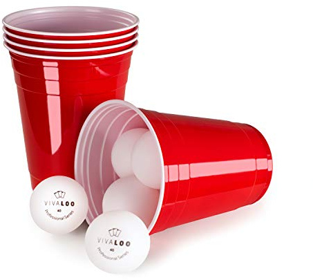 Vivaloo 50 Plastikbecher Bierpongset, 6 Bälle - Trinkbecher Red Cups, Rote Beer Pong Becher 473ml 16oz