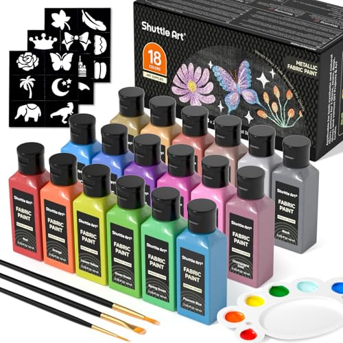 Shuttle Art 18 Metallic Textilfarben Waschmaschinenfest (je 60ml) | Waschfeste Stoffmalfarben, mit Pinseln, Vorlagen, Stofffarben für Kinder auf T-Shirt, Schuhe, Jeans, Tasche, Kleidung