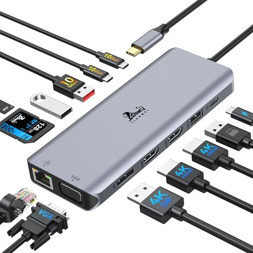 USB C Docking Station 3 Monitore 13 in 1 USB C Hub mit 2 HDMI 4K@60Hz, 8K@30Hz DisplayPort, VGA, 3 USB 3.1 10Gbps, PD 100W, Gigabit Ethernet, SD/TF Multi-Monitor Adapter für MacBook Dell HP Laptop