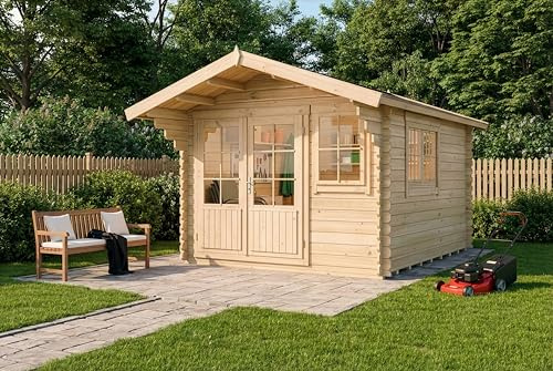 Gartenhaus Gabriel-34 mit Fußboden aus Holz, Gerätehaus 338x467cm, 10,07 m², 34 mm Wandstärke - Naturbelassen