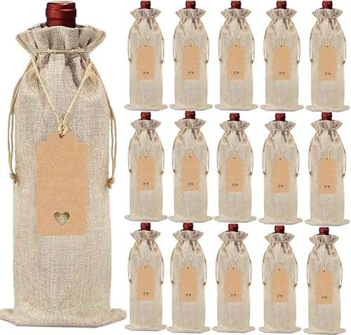 16 Stück Sackleinen Weinbeutel, Wiederverwendbare Weinbeutel Jute Weinbeutel mit Kordelzug Weinflaschenbeutel, Weinbeutel für Hochzeit Weihnachten Erntedankfest Geburtstag und Party