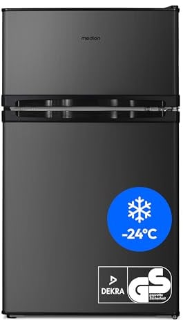 MEDION Mini Kühl-Gefrierkombination (85 Liter, 61L Kühlteil, 24L Gefrierteil, freistehend, 40 dB, transparente Gemüseschublade, Türanschlag wechselbar, MD 37689) grau
