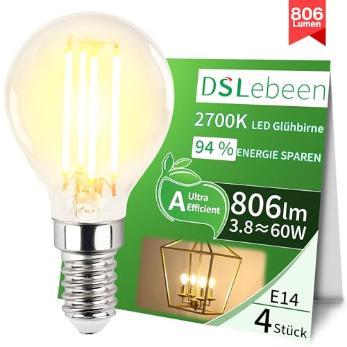 DSLebeen E14 LED Glühbirne 4 Stück, P45 Filament Fadenlampe Warmweiß 2700K, 3.8W mit 806 Lumen, Ersetzt 60W Halogenlampe, Nicht Dimmbar