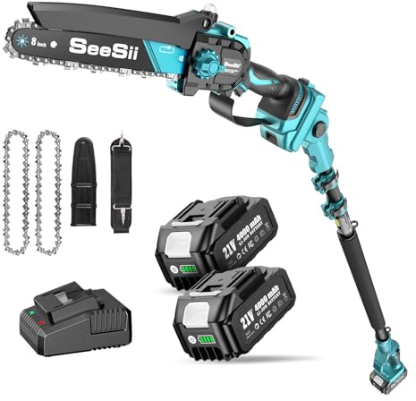 SEESII 2-in-1 Hochentaster Akku, 8 Zoll Teleskop Kettensäge für Gartengerät | Mini Kettensäge Akku mit 2 * 4.0Ah Akku Kompatible mit Makita Akku 18V, für Baumbeschneiden & Holzschneiden