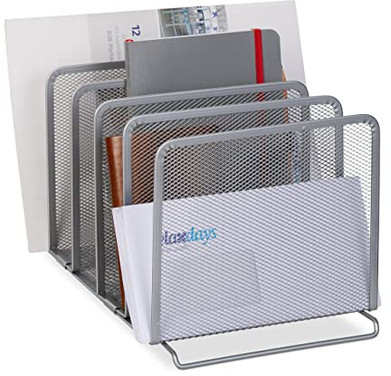 Relaxdays Katalogsammler, 5 Fächer, freistehender Dokumentenhalter aus Metall, Mesh Design, 19 x 20,5 x 37,5 cm, silber