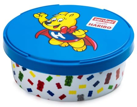 Zenker meets Haribo Vorratsdose als Aufbewahrung für Snacks und Süßigkeiten – Frischhalte-Dose aus Kunststoff mit süßem Goldbär-Design – Runde Dose für die Küche, Blau/Bunt