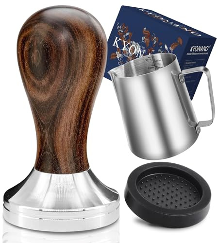 KYONANO Kaffee Tamper 51 mm inkl. Matte & 350 ml Milchkännchen - Espresso Tamper Set - Edelstahl mit Chacate Pretoz Griff