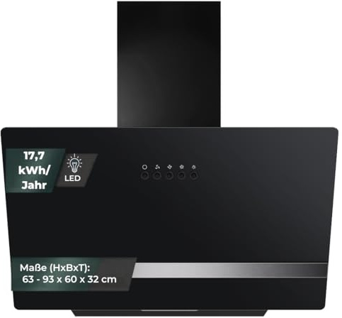 YUNA Dunstabzugshaube DURESA 60 cm Schwarz Glasfront 3 Leistungsstufen 47W Motorleistung Energieeffizienz A Abluft Umluft Kopffrei LED Beleuchtung Ohne Kohlefilter Wandhaube
