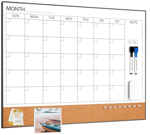 Whiteboard-Kalender & Korkboard-Kombination, 60 x 45 cm, Magnetisches Whiteboard mit Kalender, Schwarzer Rahmen, Monatsplaner für Büro, Zuhause, Schule