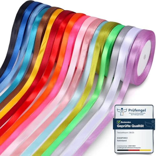 ihaspoko Bunte Satinbänder, 18 Farben, 10mm x 22m, Geschenkband zum Basteln | Satinband, Schleifenband für Geschenkverpackung, Hochzeit, Party, Blumen, Tischdeko und kreative DIY-Projekte