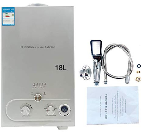 Cozyel Tragbarer Gas Durchlauferhitzer 18L 36KW Propangas Campingdusche für Außenbereich Bad Warmwasser LPG Warmwasserbereiter Tankless Instant, Silber