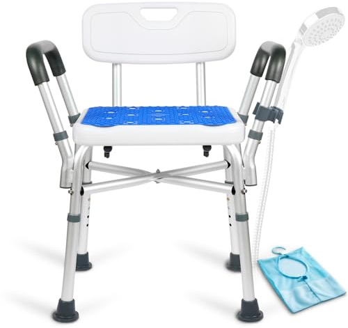 Duschhocker für Senioren - 210 KG Duschstuhl mit Rückenlehne und Armlehne, Höhenverstellbar Duschhilfe für Ältere, Schwangere, Menschen mit eingeschränkter Mobilität, Badewanne, Dusche, Fußhocker