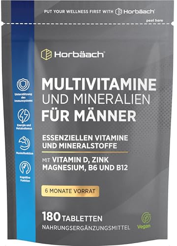 Multivitamin Tabletten Männer | 28 Vitamine & Mineralien mit Magnesium, Jod, Vitamin B3, Vitamin D, Zink und mehr! | 180 Vegane Tabletten | Horbaach