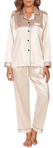 GAESHOW Damen Pyjama Set, 2 Teilig Satin Langarm Schlafanzug, Seide Sleepwear Set für Wohnzimmer Home, Loungewear für alle Jahreszeiten