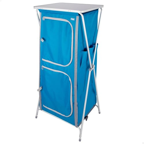 AKTIVE Faltbarer Campingschrank, 62x53x140 cm, Campingregal, 4 Ebenen, Blau, Oberes Regal, 2 Türen mit Reißverschluss, Polyester-Netzgewebe, Aluminiumrahmen, Tragetasche (63055)