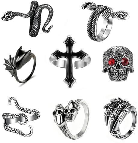 yolzhxe Totenkopf-Herrenringe, Verstellbare Retro Punk Rock Schädel Herrenring, Edelstahl Totenkopf Schmuck, Schlange Gothic Ring Set