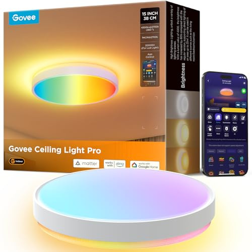 Govee Deckenlampe RGBIC 48,5W, Smart Led Deckenleuchte 4300lm, Ø38cm | Kompatibel mit Matter, Alexa & Google Assistant, Dimmbar mit Hintergrundbeleuchtung, 2700K-6500K, Wohnzimmer et Schlafzimmer