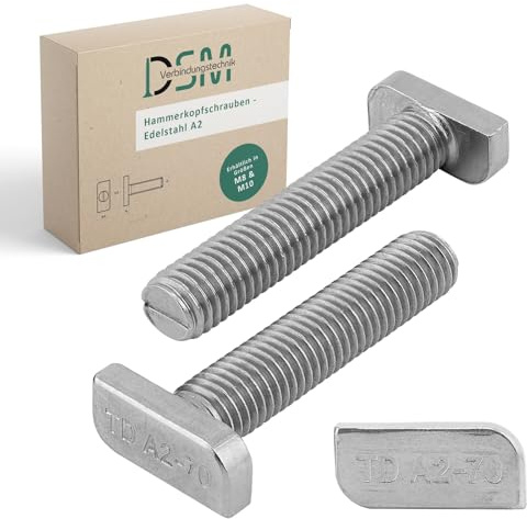 DSM – Hammerkopfschrauben M8 x 40 mm – Edelstahl A2-70, rostfrei – Typ 28/15 – für Montageschienen, Photovoltaik, Solarmodule, PV-Halterungen, C-Profile, Solarmontage und Gewächshäuser, 10 Stück
