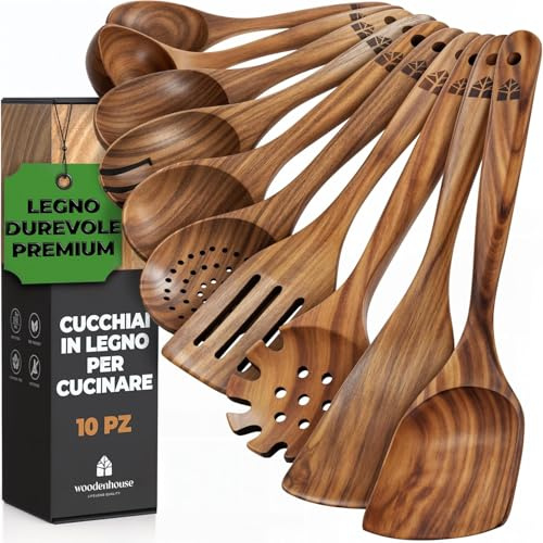 Kochlöffel Holz Set - Holzkochlöffel 10 Stück aus Teakholz - Holzlöffel, Pfannenwender Holz und weitere Kochbesteck Set - Natürlich & Perfekt für Antihaft. Leicht & Hitzebeständig Küchenutensilien