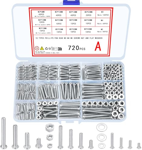 Ewwtrey 720 Stück M3 M4 M5 verzinkte Schrauben mit Muttern und Unterlegscheiben Sortiments Set, verschiedene Kreuz Flachkopf Maschinenschrauben Muttern und Schrauben Set (Silber 720)