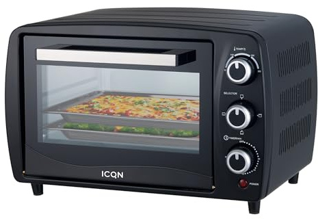 ICQN Kompakter Minibackofen 15 Liter, 1200W, 60 min-Timer, 3 Kochfuntionen, 90°-230°C, Kleiner Camping Ofen, Anthrazit, 2-Jahre Garantie