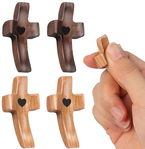 4 Stück Handschmeichler Kreuz,Handgehaltenes Schutzkreuz aus Holz,Walnussholz und Wachsbaumholz Tragbares Gebetskreuz,Hand geschnitztes Herzform Liebeskreuz für Deko Taufe Kommunion Andachtsgebete