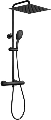 JOHO Edelstahl Duschsystem mit Regendusche Thermostat, 30x30 cm Schwarz | Regenduschset mit Höhenverstellbare Duschstange 74–114 cm, 3 Strahlarten Handbrause, Duscharmatur Komplettset
