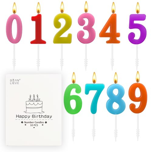 BEAN LIEVE 10 Stück Ziffern-Geburtstagskerzen – Kuchen-Zahlenkerzen, Zahlen 0–9, glitzernde Kuchendekoration für Geburtstag, Hochzeitstag und Partyfeier (bunt)
