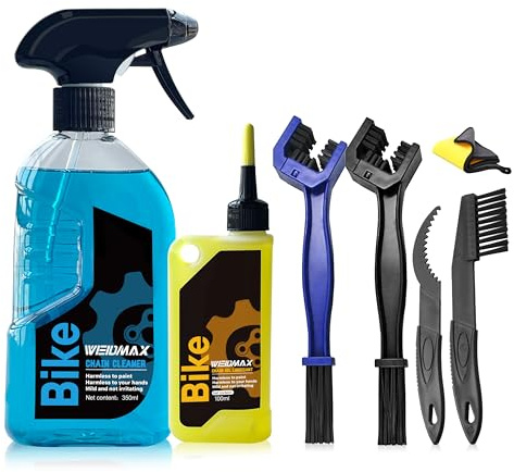 WEIDMAX Fahrrad Reinigungsset, 7 in 1 Kettenreiniger Fahrradkette mit 350ml Reinigungsspray, 100ml Kettenöl, 4 Bürsten und 1 Reinigungstuch, Fahrradreiniger für MTB, Straßenfahrrad Wartung
