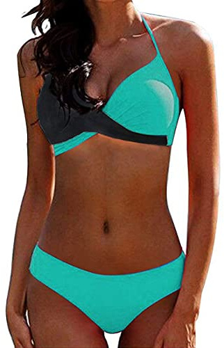 CheChury Damen Bademode Push Up Bikini Set Zweiteilige Badeanzug Strandkleidung Crossover Neckholder Triangel Oberteil Bikinihose Sexy Halter,Türkis,XL,46-48