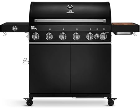 BURNHARD® Gasgrill 6-Brenner inkl. BACKBURNER, 900°C Infrarot-Keramikbrenner, Seitenkochfeld, Gusseisen-Grillrost, Grillabdeckung, Grillwagen, klappbare Seitentische, Schwarz – Fat FRED Deluxe