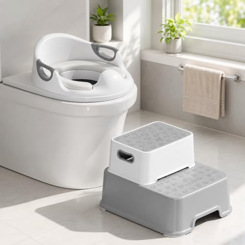 MAMIZO Toilettensitz Kinder mit Tritthocker, Sanft Kissen und Spritzschutz | Wc Sitz Kinder mit 2 Stufen Hocker, Toilettensitze Kinder mit Treppe, Toilettensitz für Kinder 1-8 Jahre, Rutschfest